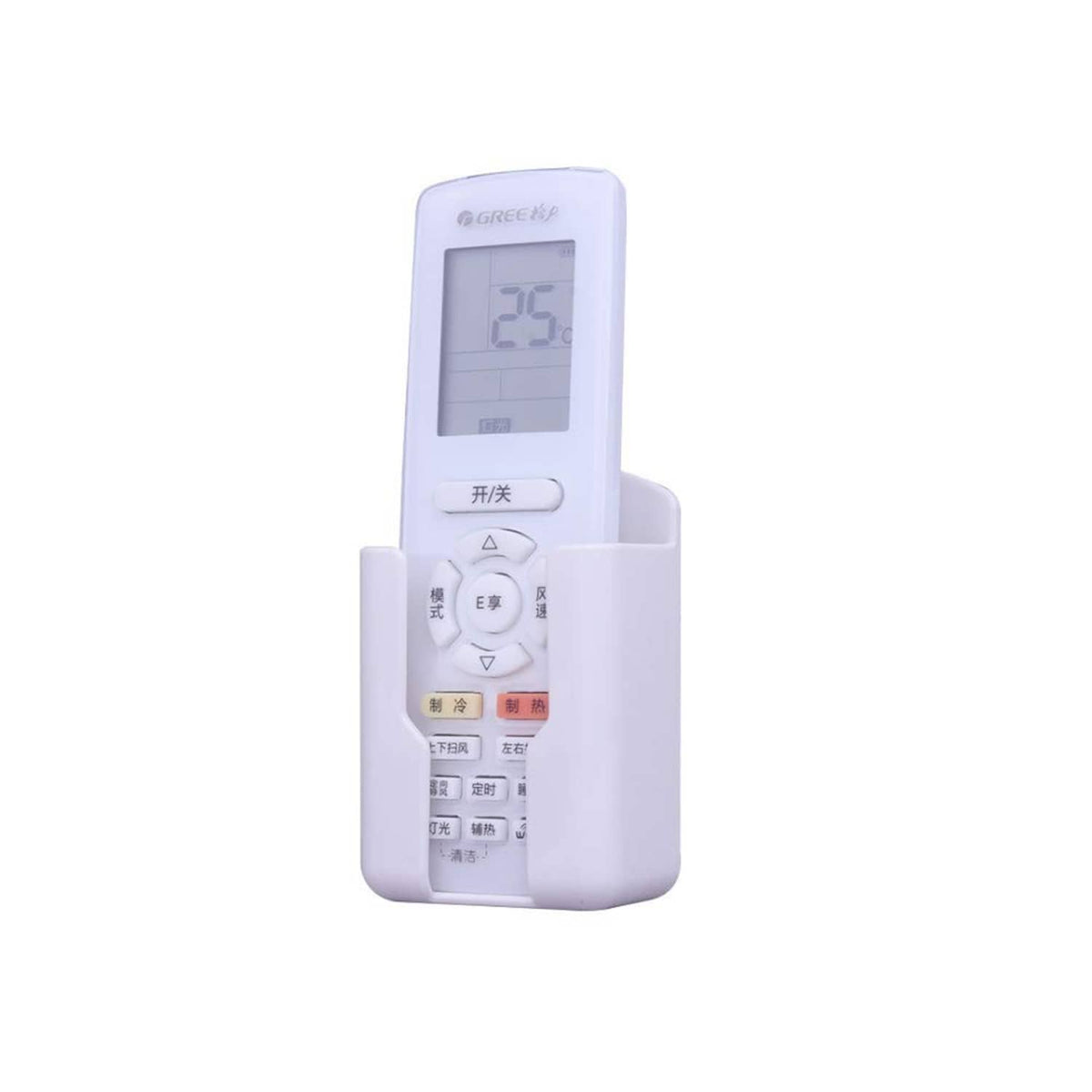 White self-adhesive remote control wall holder with remote inserted