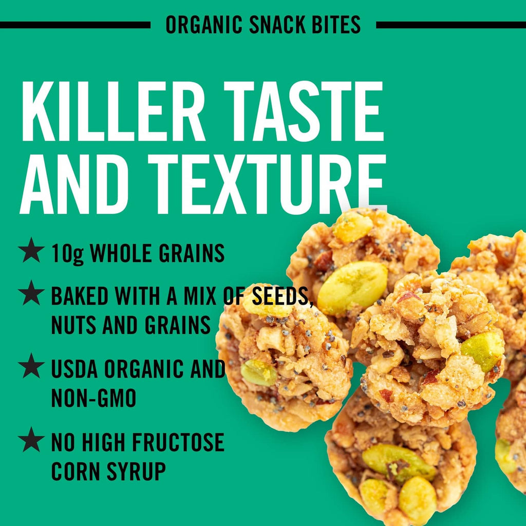 Organic snack bites with seed and nut studded round pieces, killer taste text