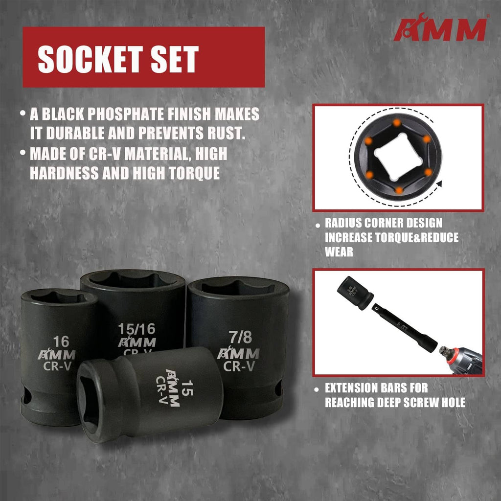 Black impact sockets set, 1/2 in drive, with CR-V size markings
