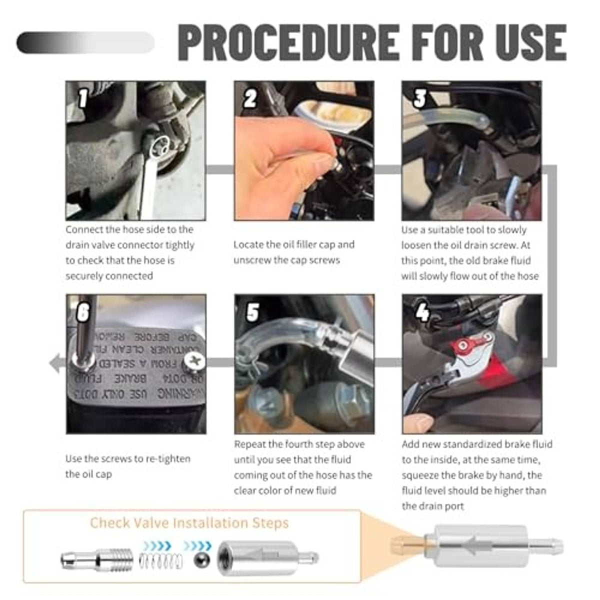 Brake bleeder kit procedure chart with connectors, screws, and drain port parts