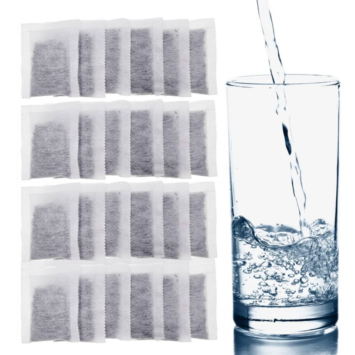 Activated charcoal distiller replacement pads in white sachets with grey charcoal filling