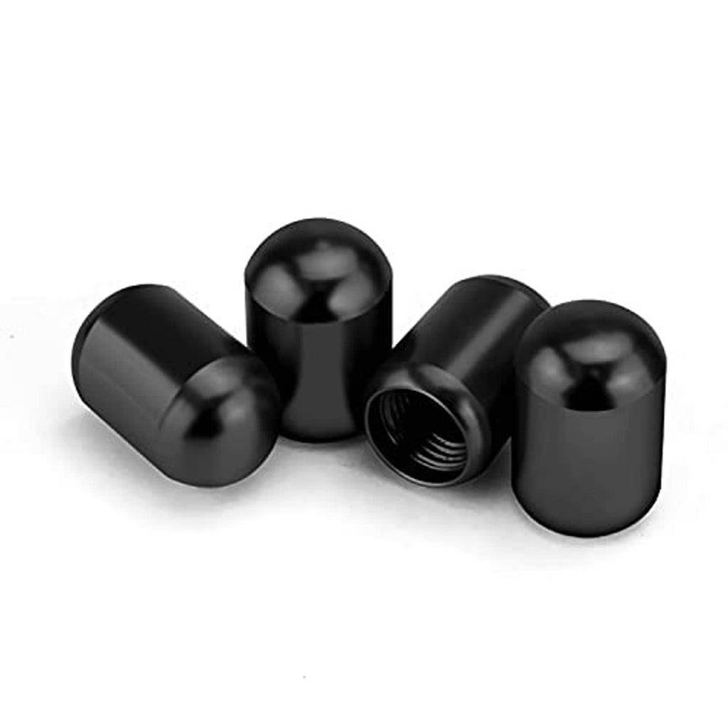 Black tire valve stem caps, four caps shown with inner thread visible