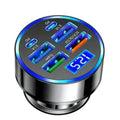 Car USB-C voltmeter charger adapter with blue LED display, black and chrome body.