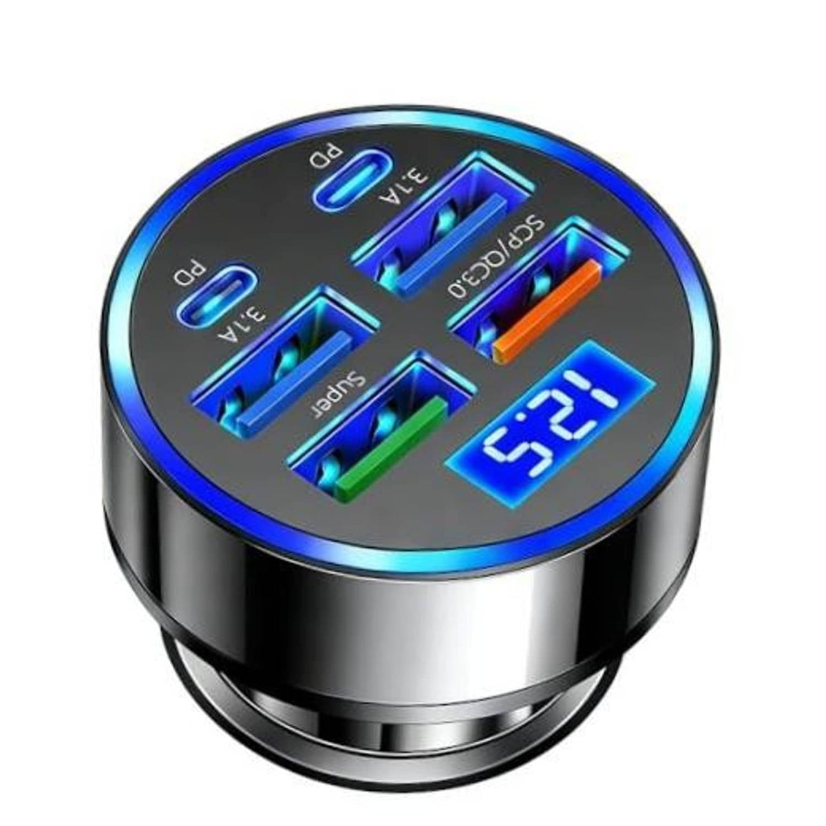 Car USB-C voltmeter charger adapter with blue LED display, black and chrome body.