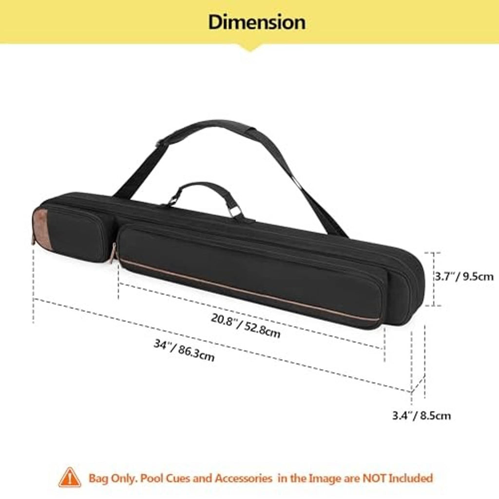 Black pool cue case with dual shoulder handles and size dimensions shown on the bag