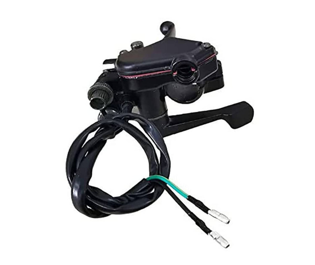 Black thumb throttle and brake control housing with cables and two wire leads
