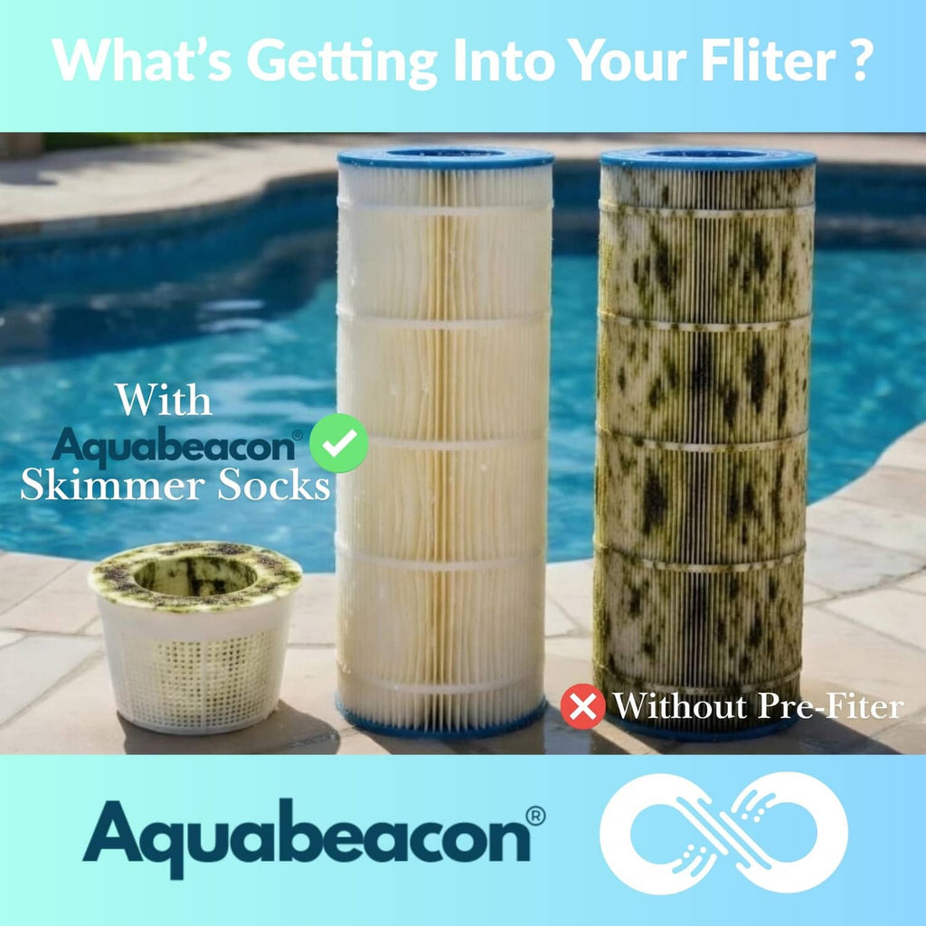 Aquabeacon skimmer socks stacked; white and dark filter sock rolls