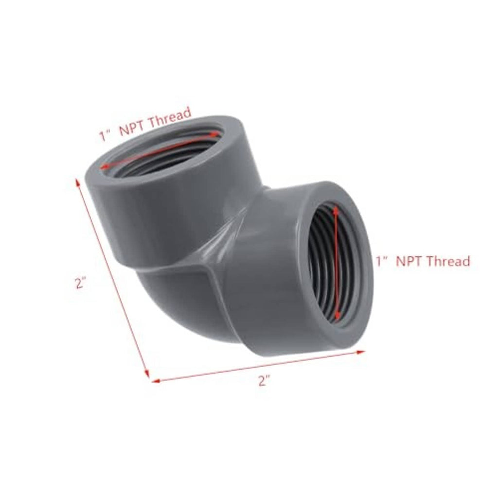 Gray PVC 90-degree elbow, 1 in NPT female threads, labeled size