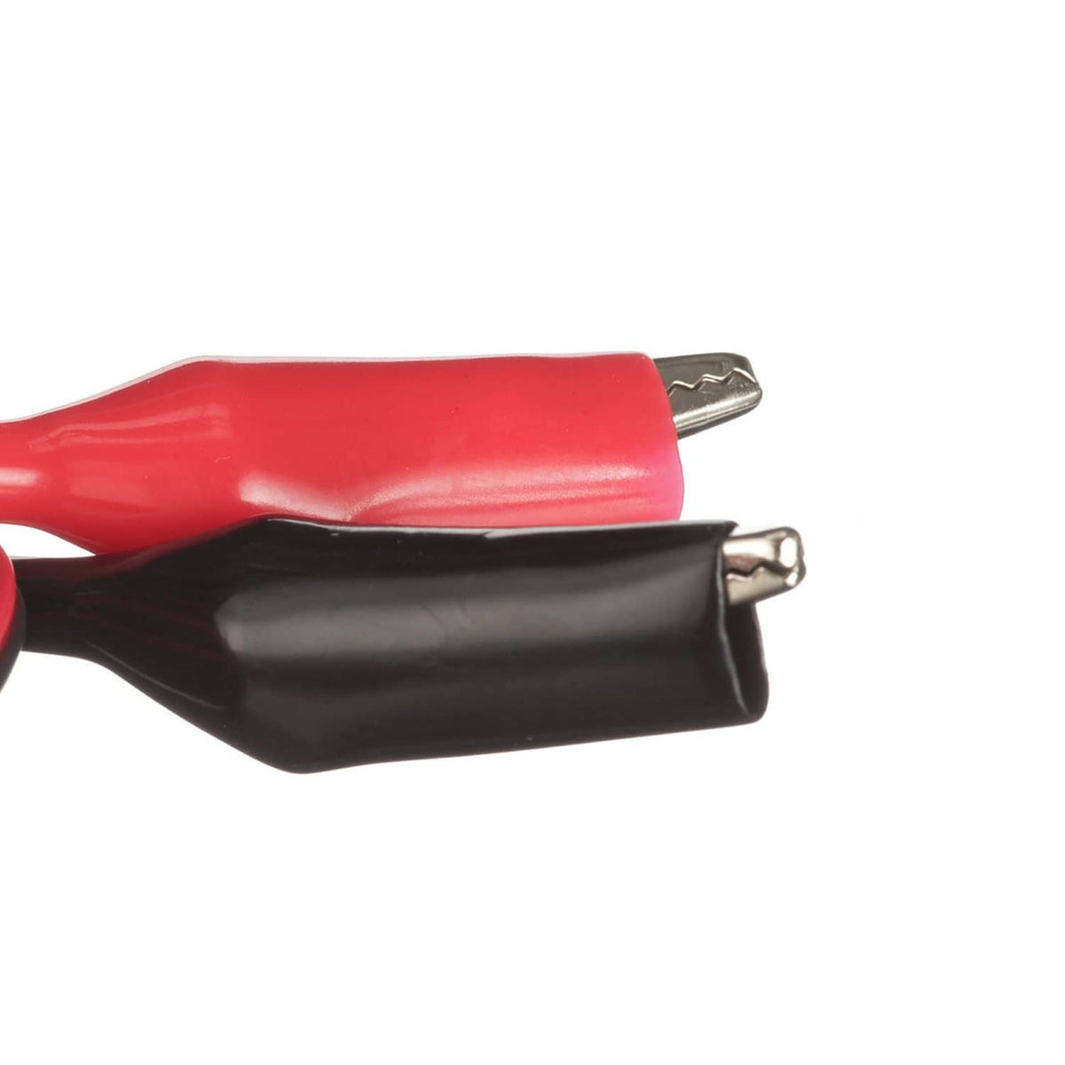 Alligator clips for battery charger: red and black with metal jaws on cables