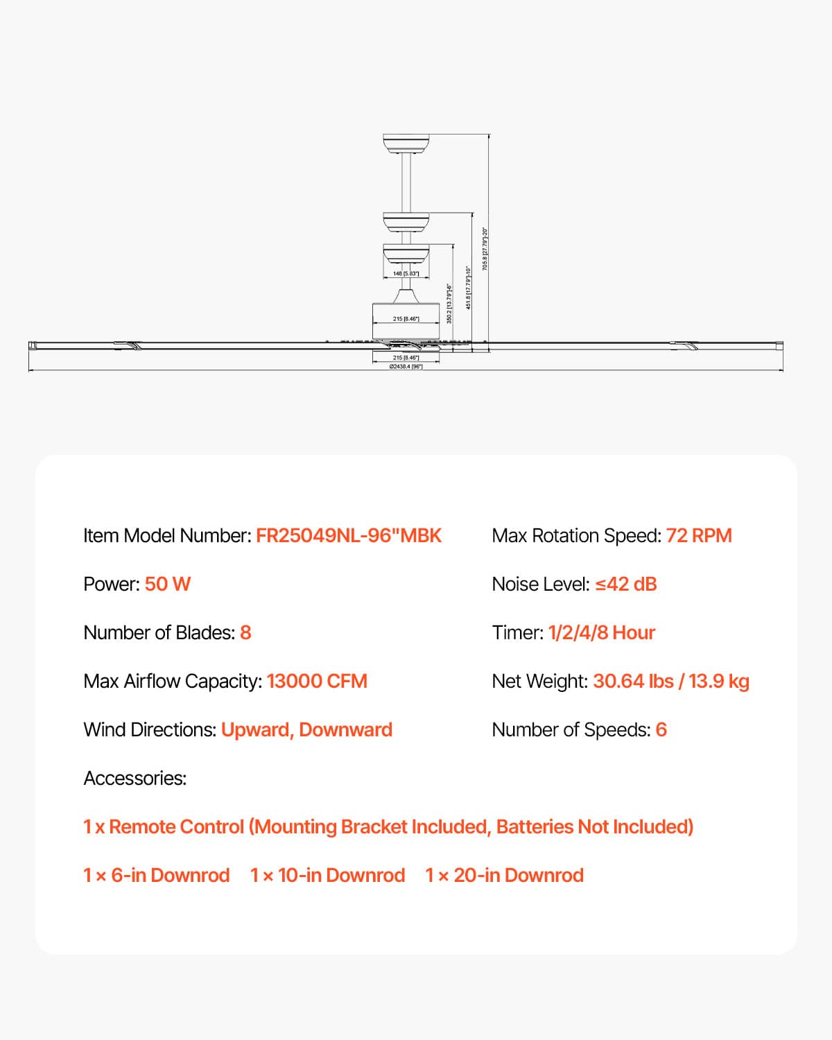 Ceiling fan specifications diagram with model FR250491L-90-MBK and performance details