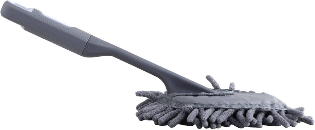Gray microfiber duster head with ribbed cleaning fringe along the edge