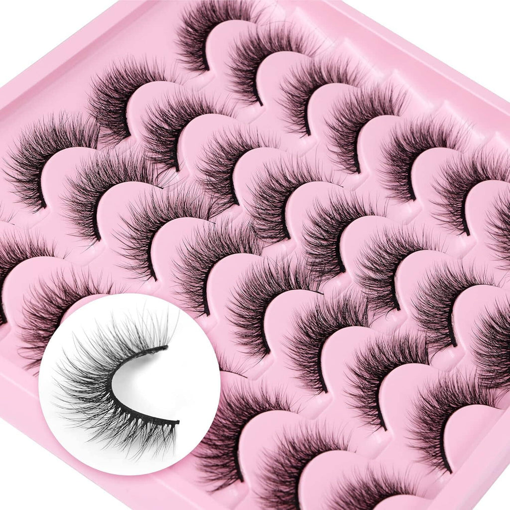 Handmade-style fluffy dark cat-eye false lashes with curved wispy bands