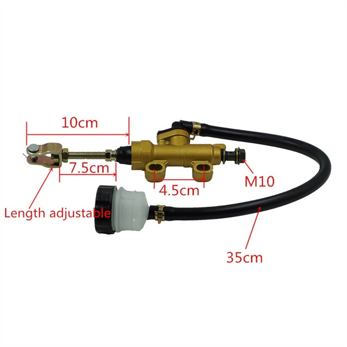 Gold rear brake master cylinder pump with black hoses and adjustable length line