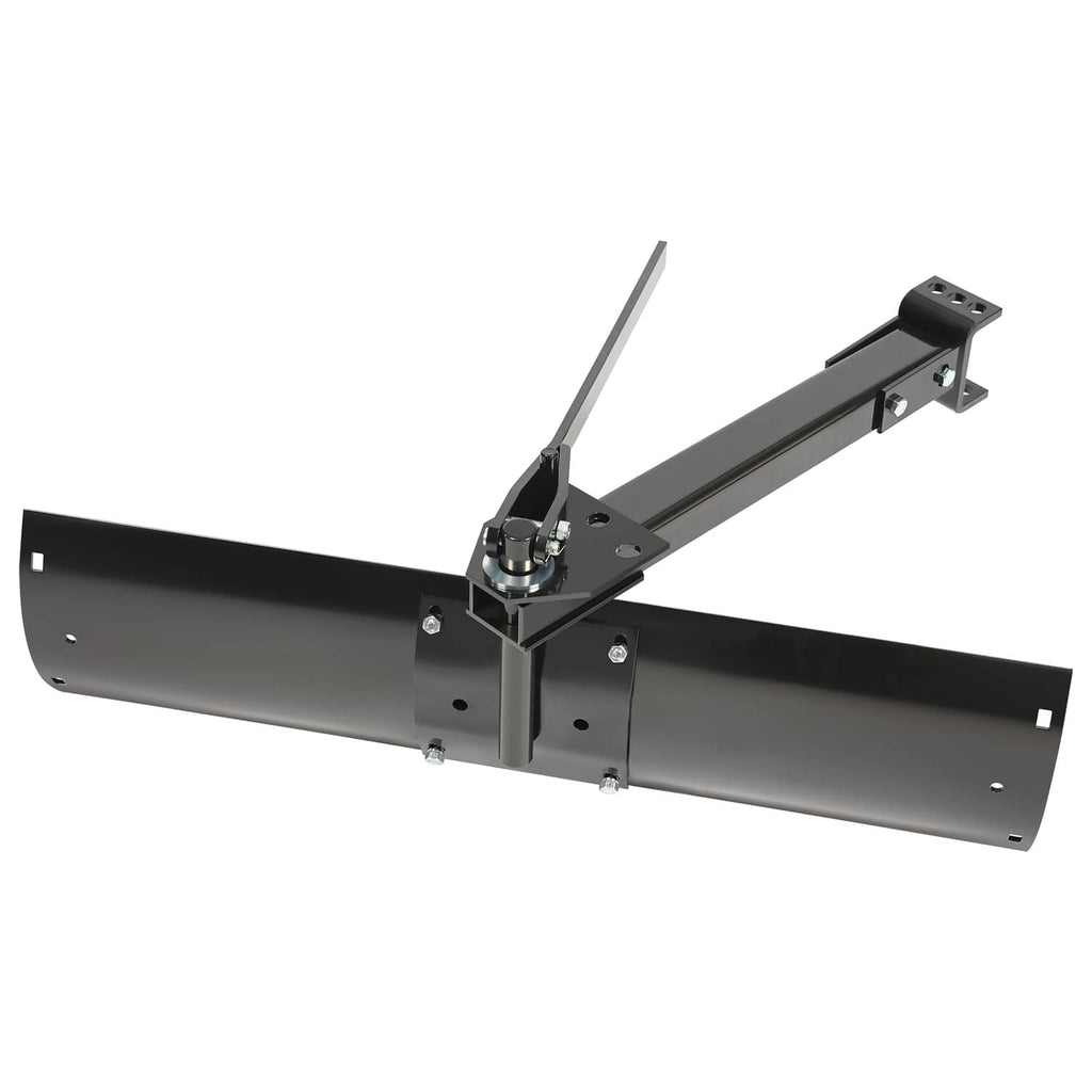 Adjustable rear scrape blade with central hitch plate and mounting bolts