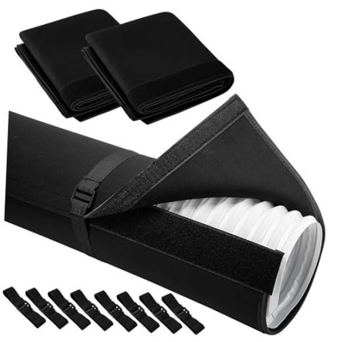 Portable AC hose insulation sleeves set, black fabric covers with fastening straps