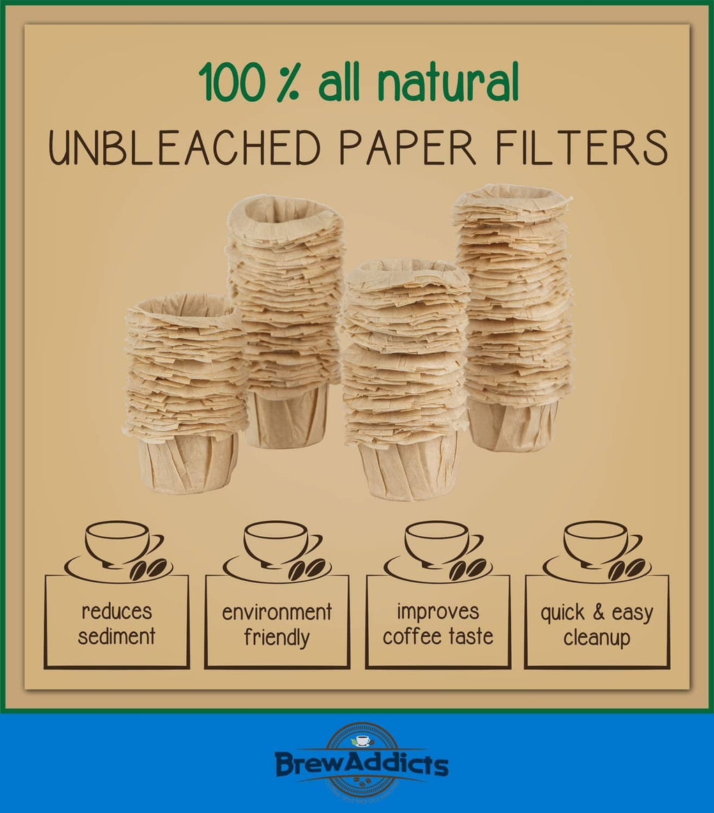Unbleached paper coffee filter cups, all-natural 100% inserts shown in stacks