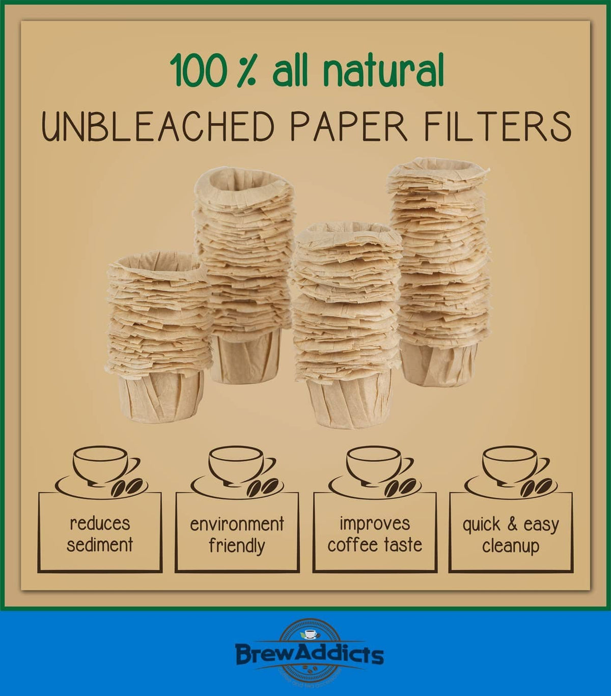 Unbleached paper coffee filter cups, all-natural 100% inserts shown in stacks