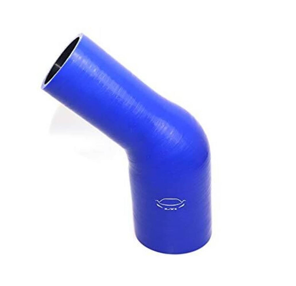Blue 45-degree elbow reducer coupler, side view showing both black openings