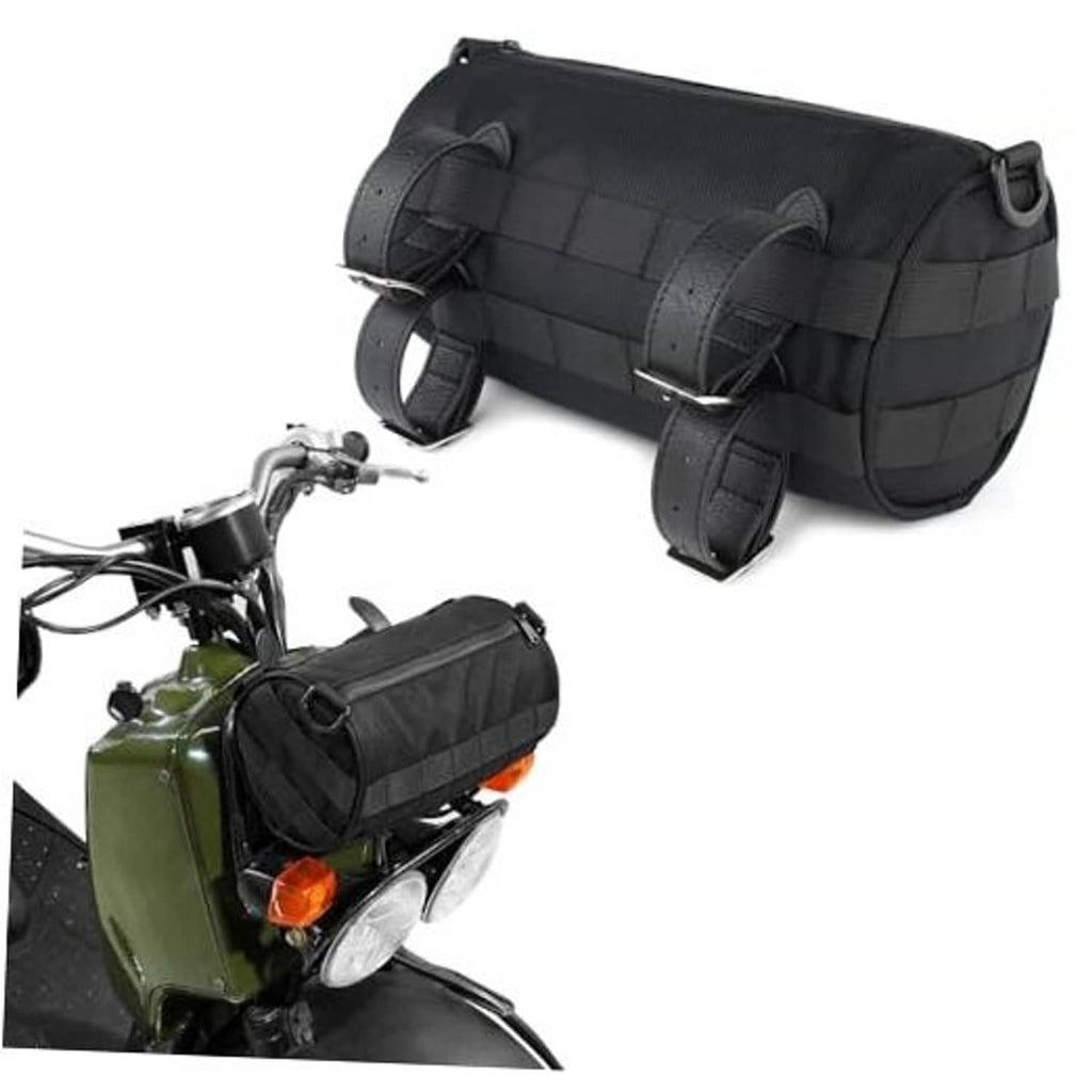 Black motorcycle front fork handlebar bag with side straps and snap buckles