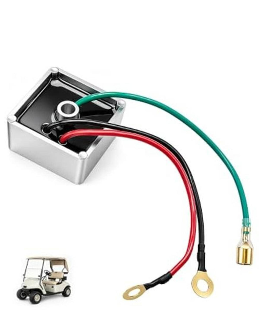 EZGO voltage regulator in metal box with red, green, and black wiring harness