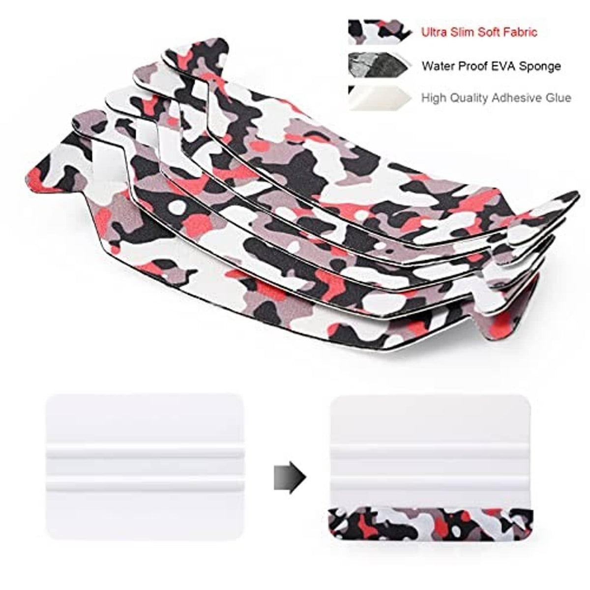 Bundle of squeegees with white plastic blades and camouflage felt edges
