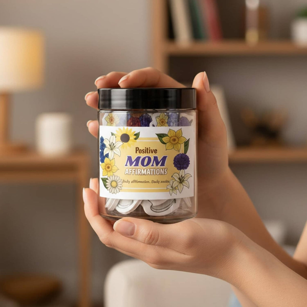 Floral mom affirmation jar in hands, black lid and label with sunflowers and flowers