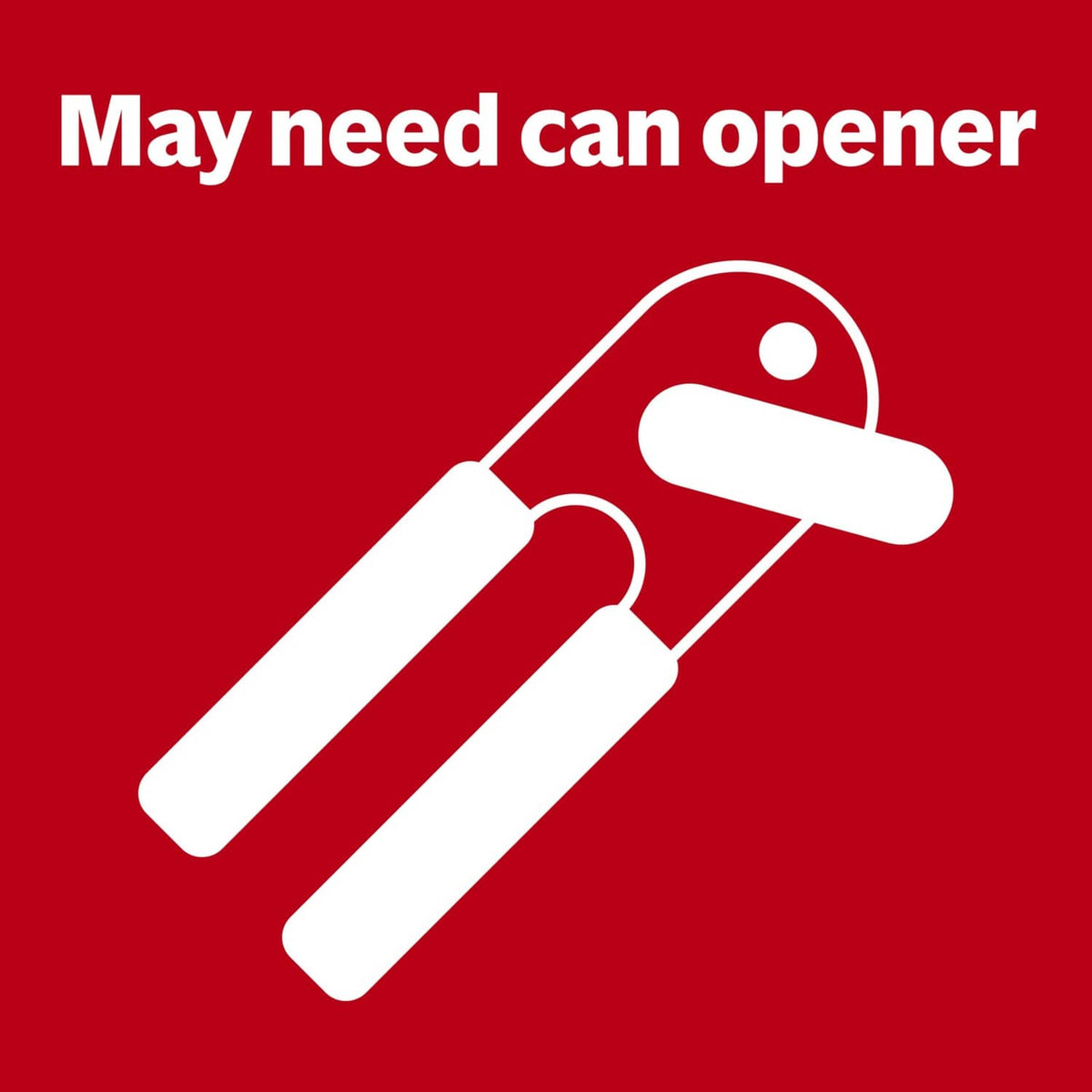 Promotional graphic: 'May need can opener' with can opener icon on red background