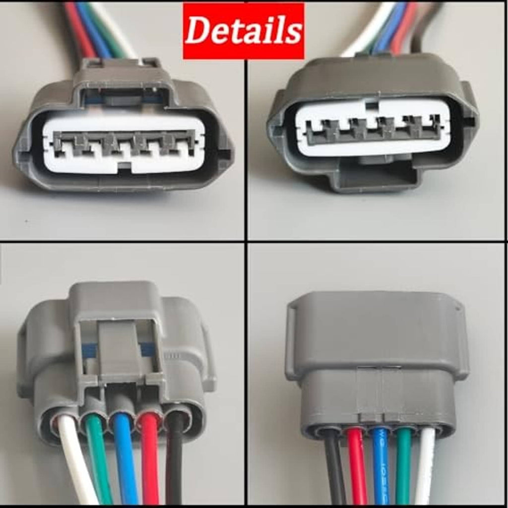 Fuel pump harness connector with gray housing and visible 5-pin terminals
