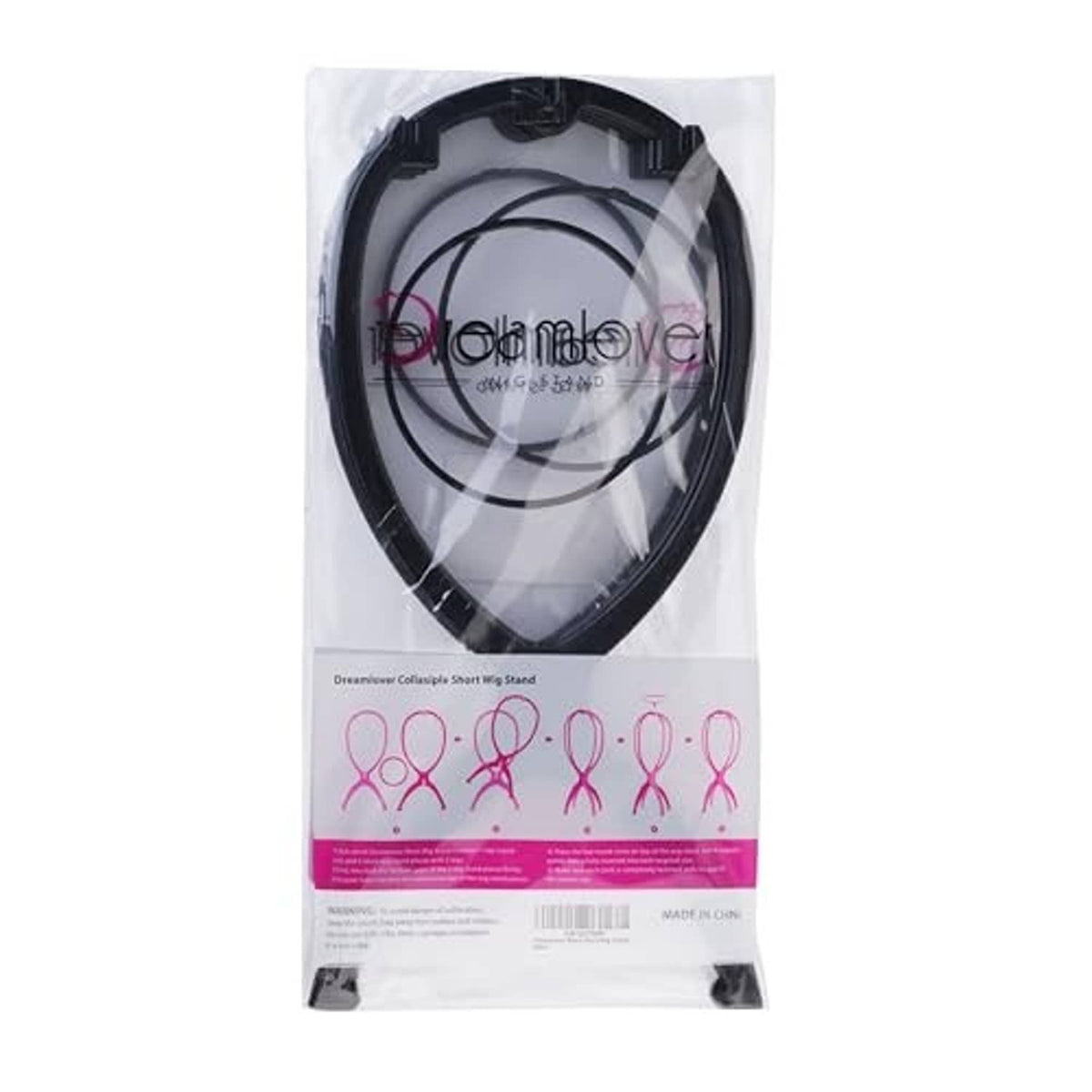 Black wig head stand in clear retail bag with circular frame and three feet