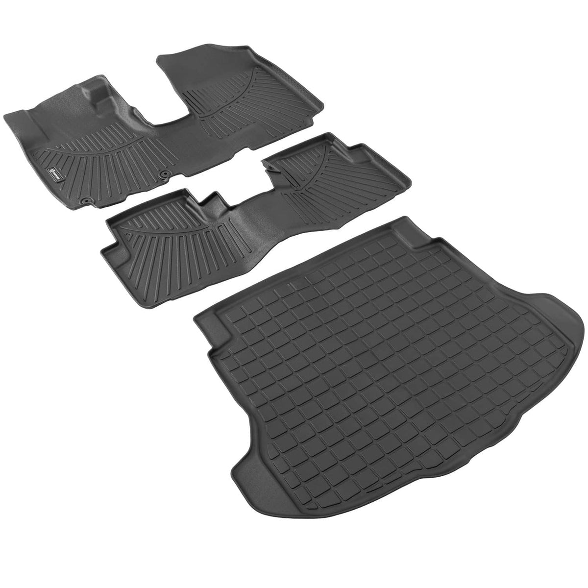 Black TPE all-weather floor mats set with cargo liner, interlocking shape details