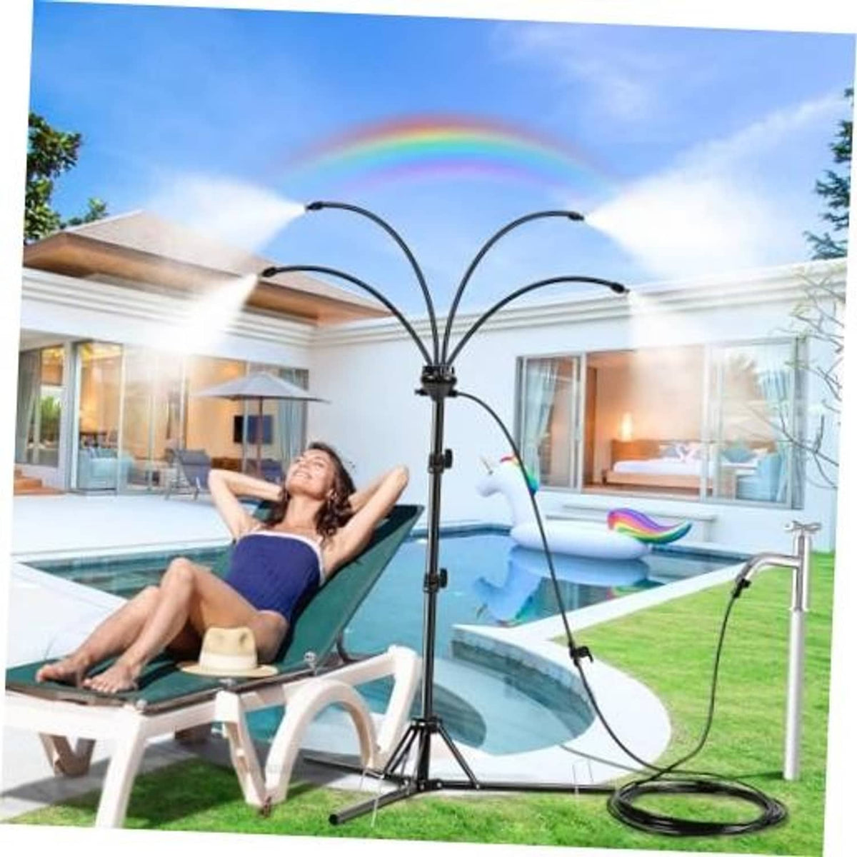 Black tripod outdoor misting stand with five curved spray nozzles