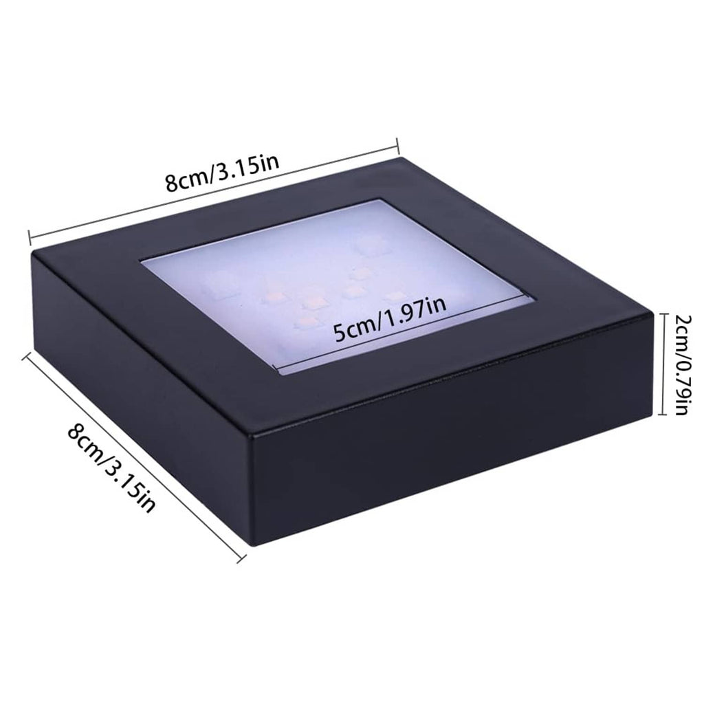 Black square LED light stand base with glowing window, 8 cm x 8 cm size