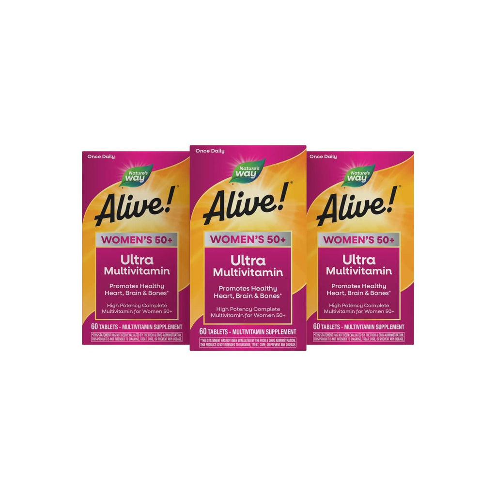 Pack of three purple Alive! women's multivitamin boxes, 60 tablets each