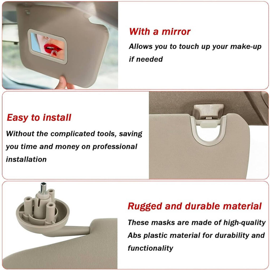 Beige sun visor with vanity mirror and easy-to-install mounting bracket
