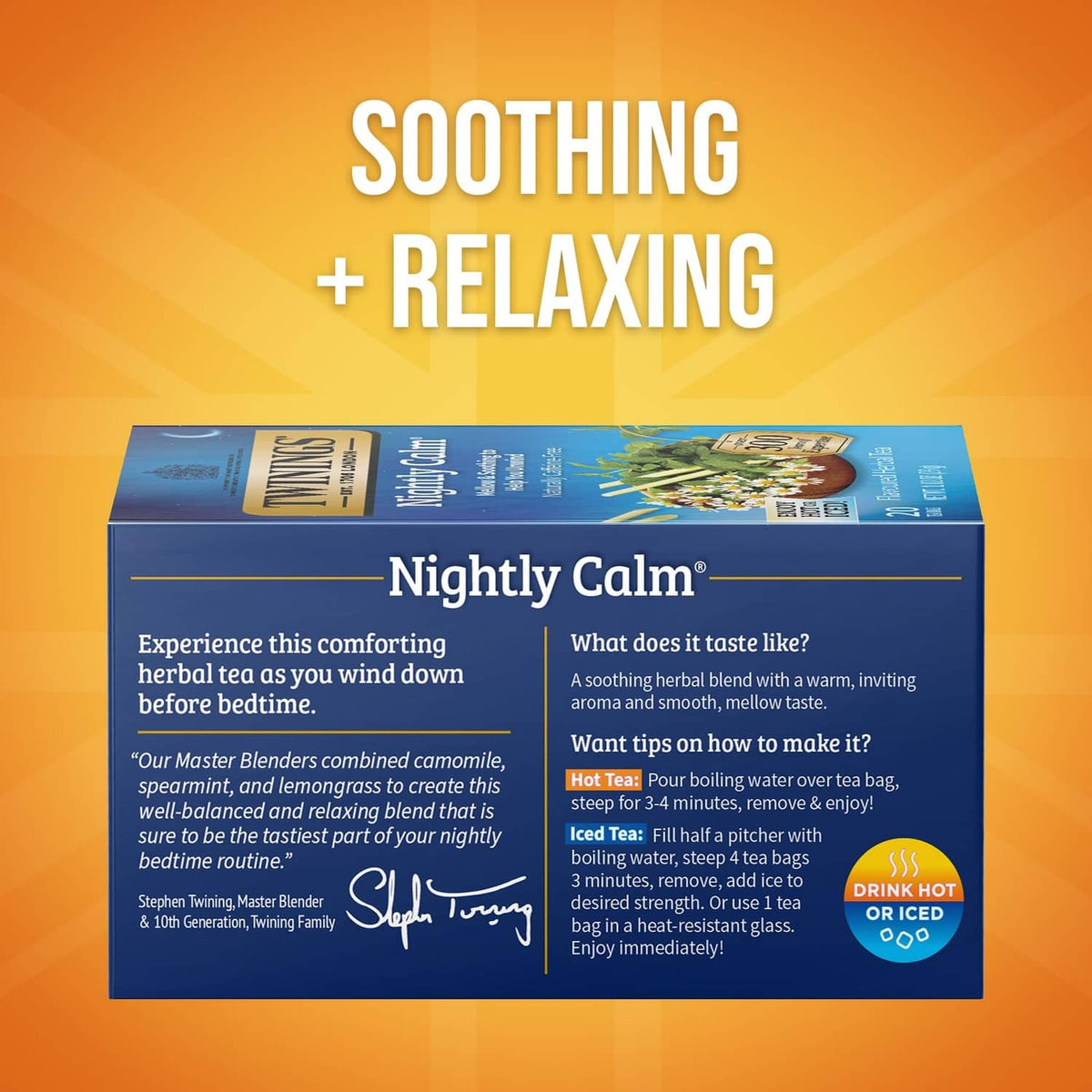 Twinings Nightly Calm tea box back panel with steeping and taste info