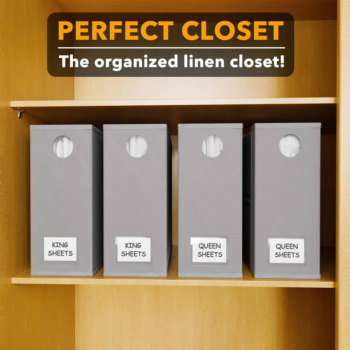 Gray sheet organizer bins on closet shelf, each with lid, oval handle, and size label