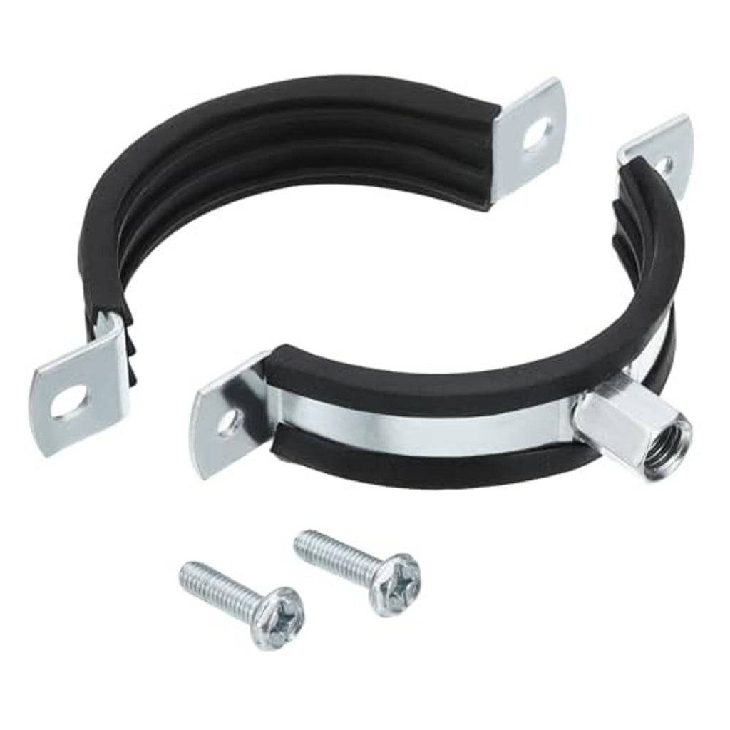 Split ring pipe hanger with black rubber lining, zinc-plated bracket plates and screws
