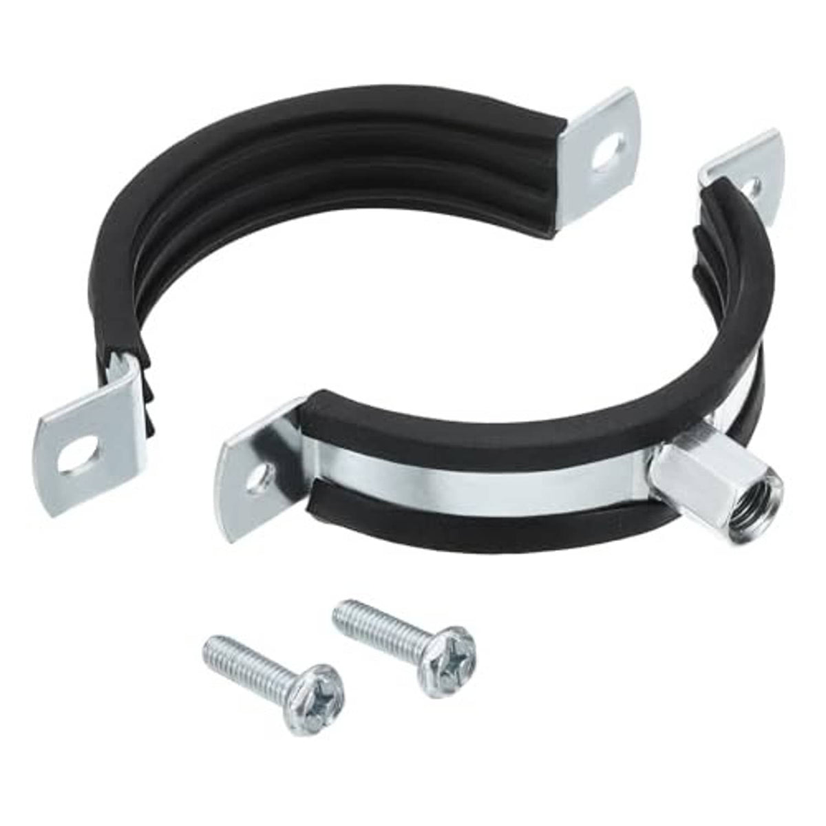 Split ring pipe hanger with black rubber lining, zinc-plated bracket plates and screws
