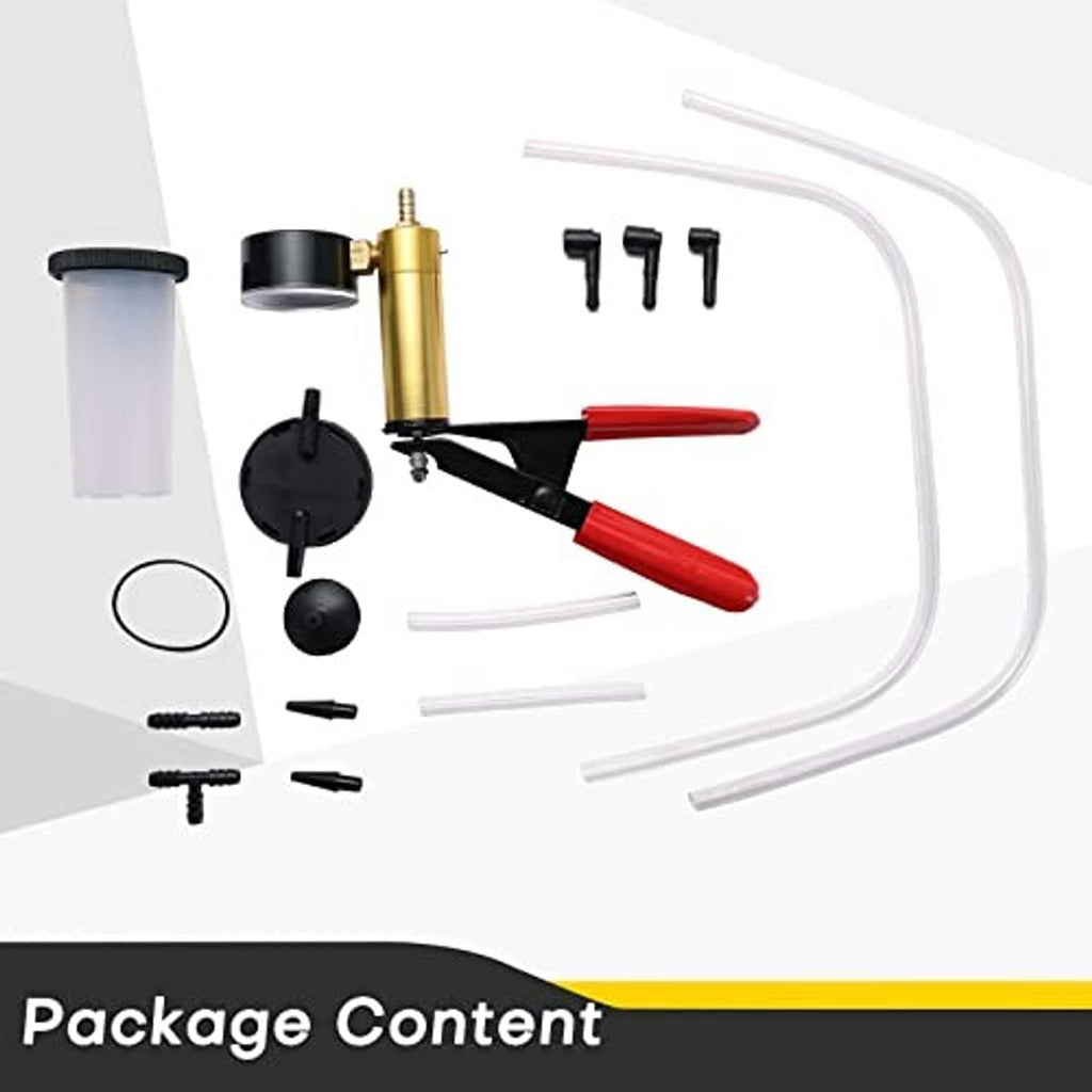 Brake bleeder kit parts: vacuum pump, clear hoses, red pliers, suction bowl