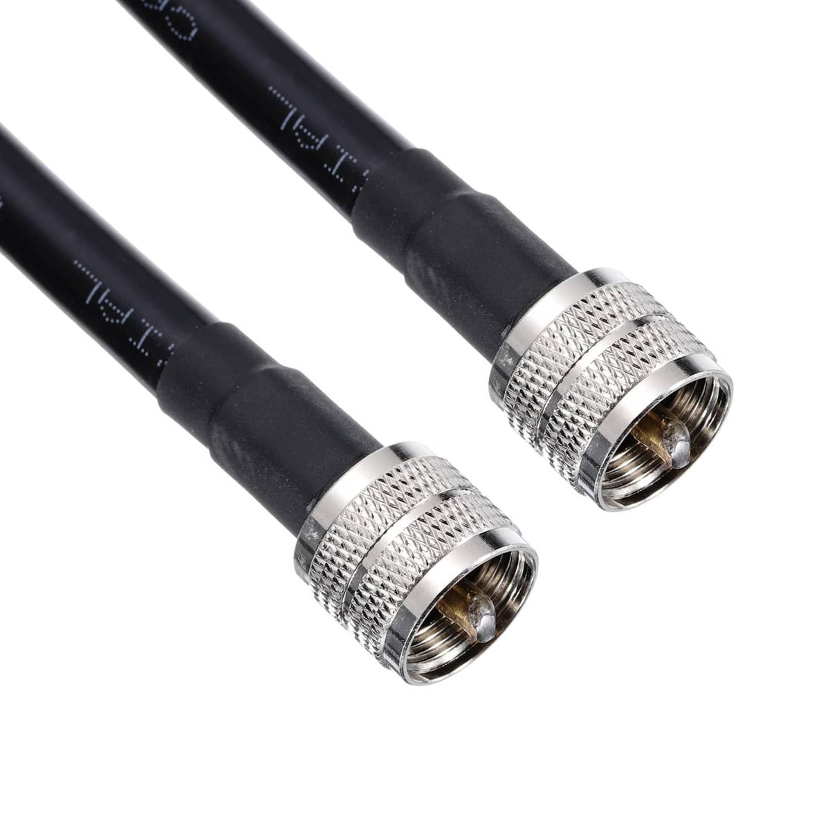 Black coax cable with silver knurled PL-259 male plugs, close-up