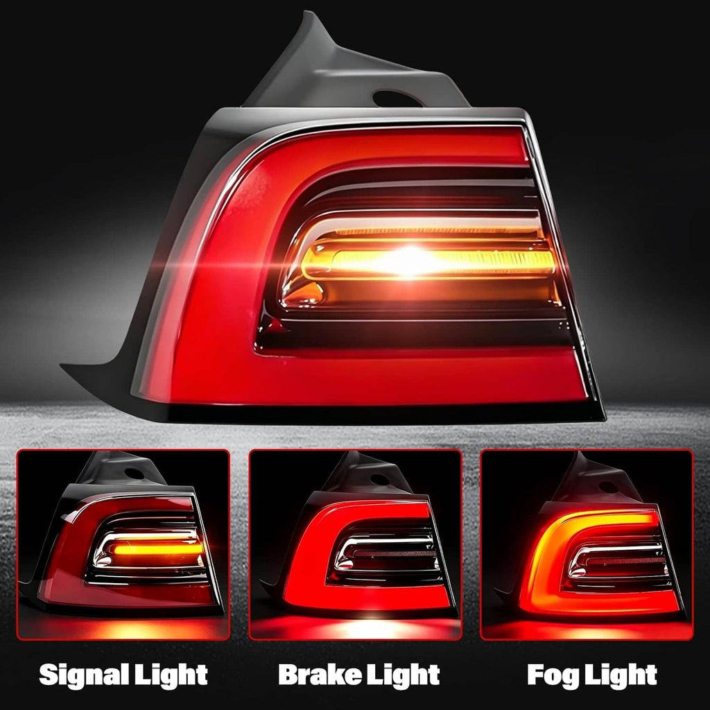 LED tail light assembly with red lens and amber illuminated signal strip.