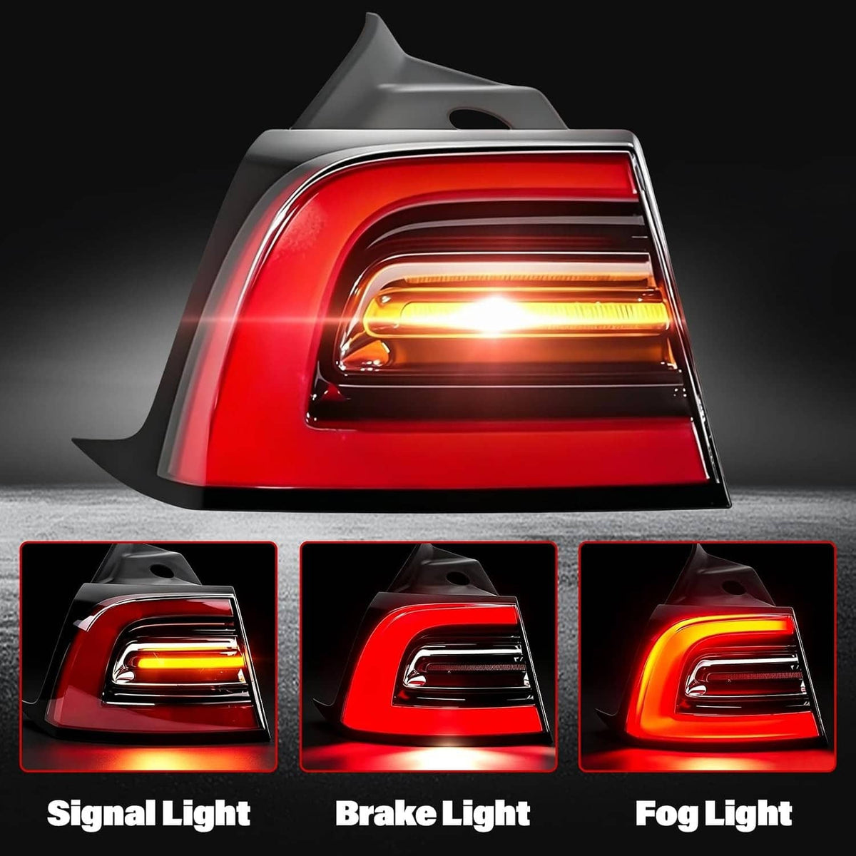 LED tail light assembly with red lens and amber illuminated signal strip.