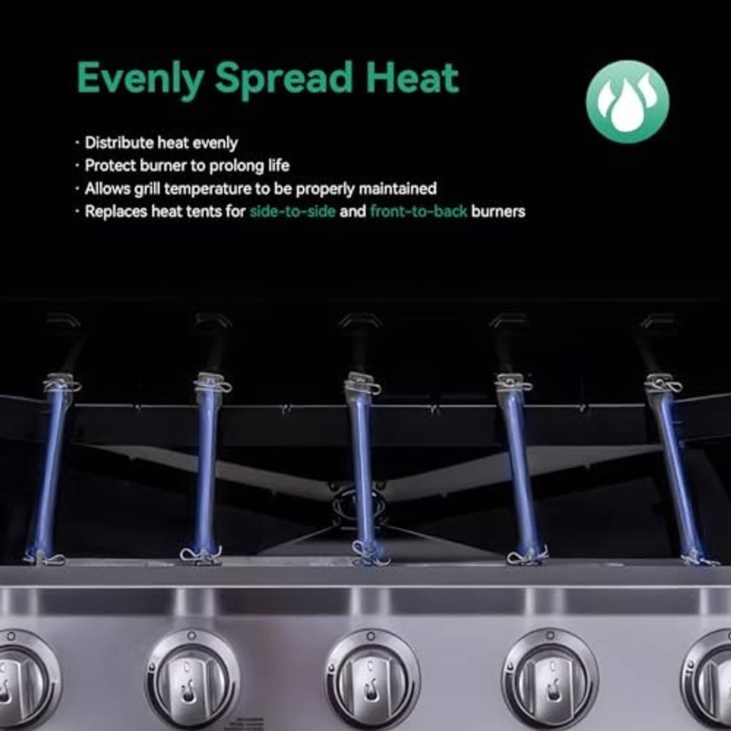 Gas grill burner tubes installed across the grill with control knobs in view