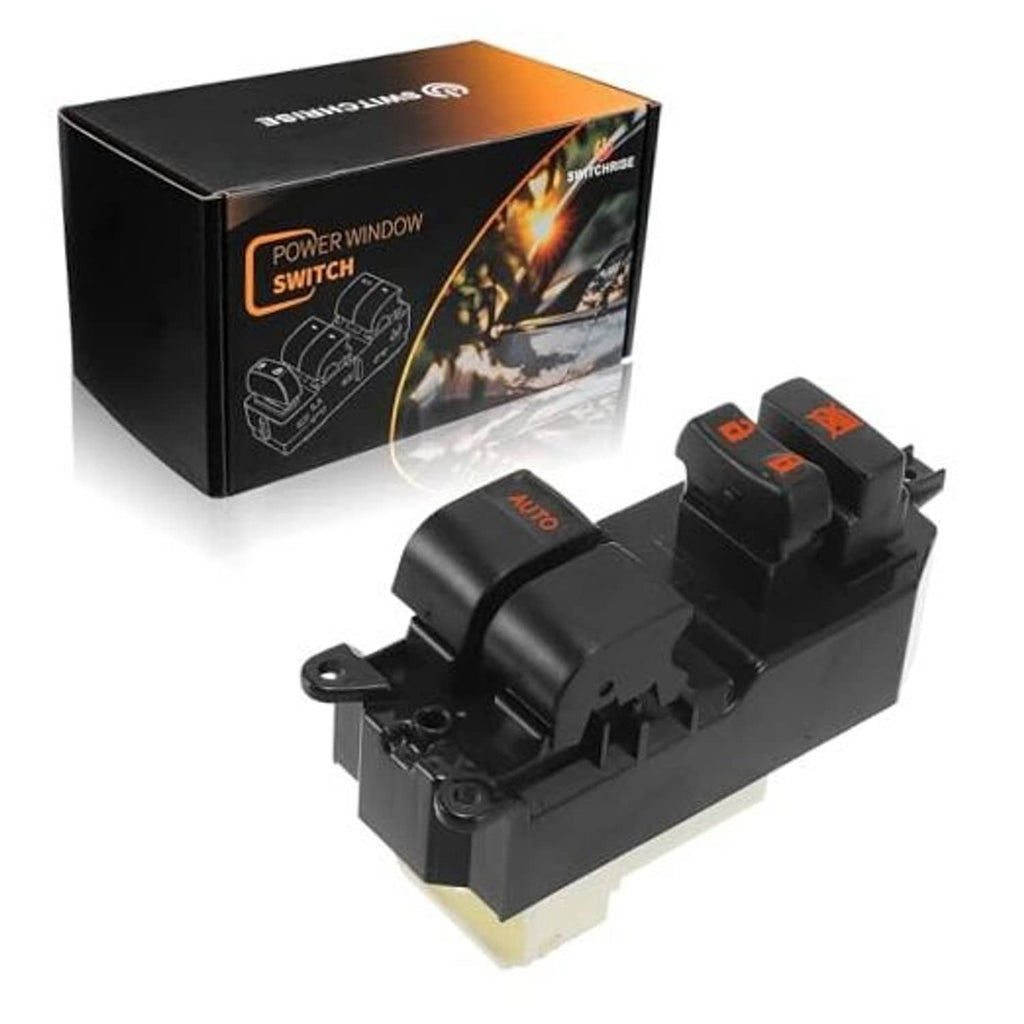 Black power window switch module with AUTO button and mounting bracket, with tool-ready pins
