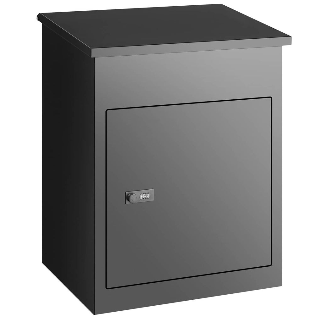 Rectangular outdoor mail parcel box in dark gray with coded lock keypad front