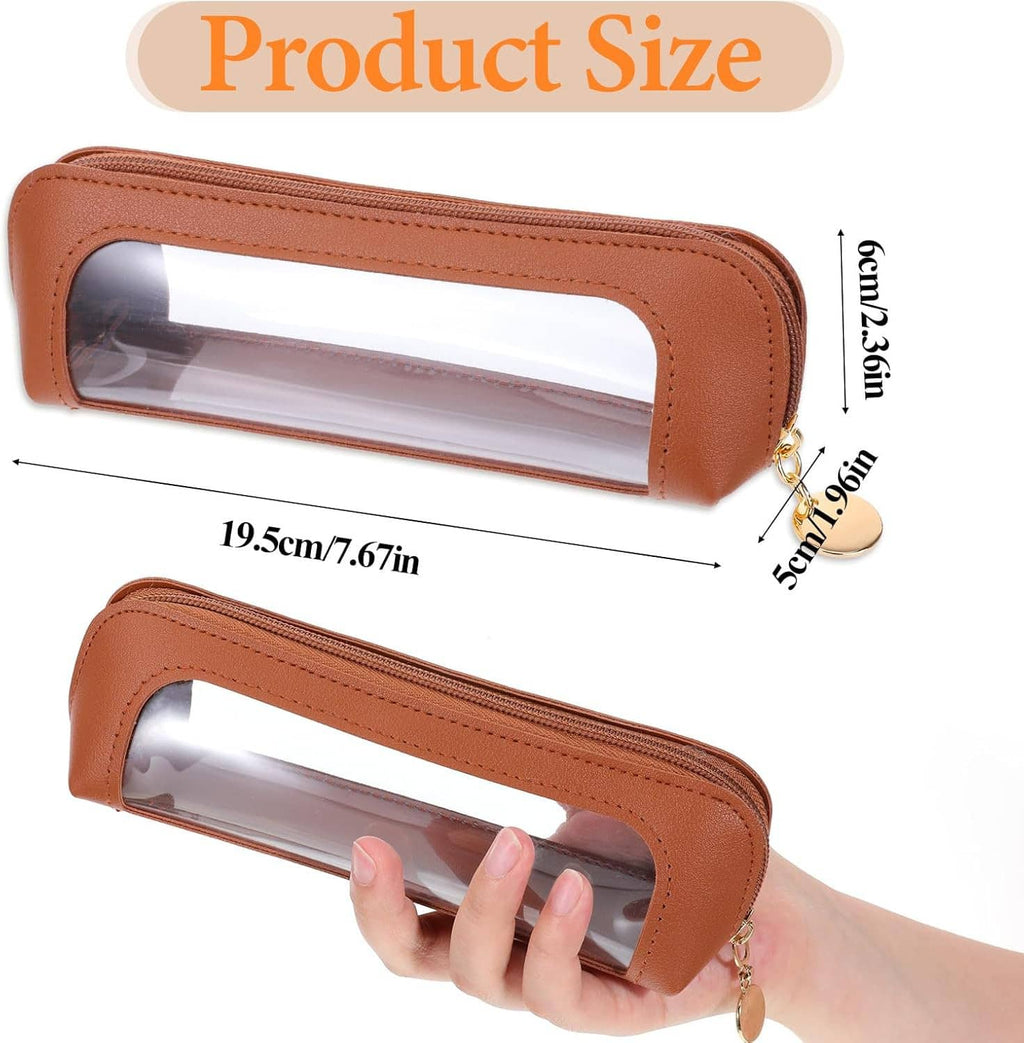 Brown PU clear makeup pouch with zipper closure and gold charm keyring, compact size