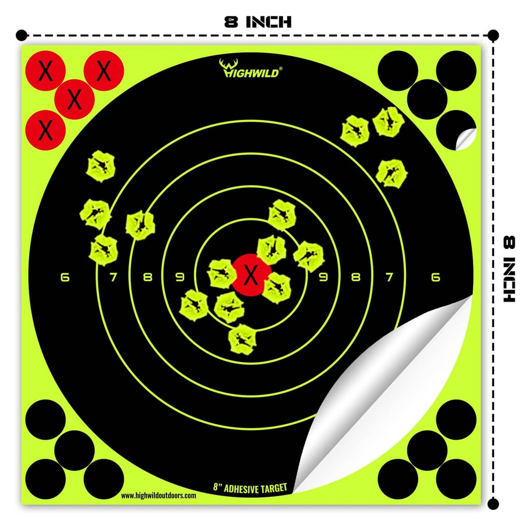 Fluorescent yellow 8 inch adhesive bullseye target with neon rings and side measurements