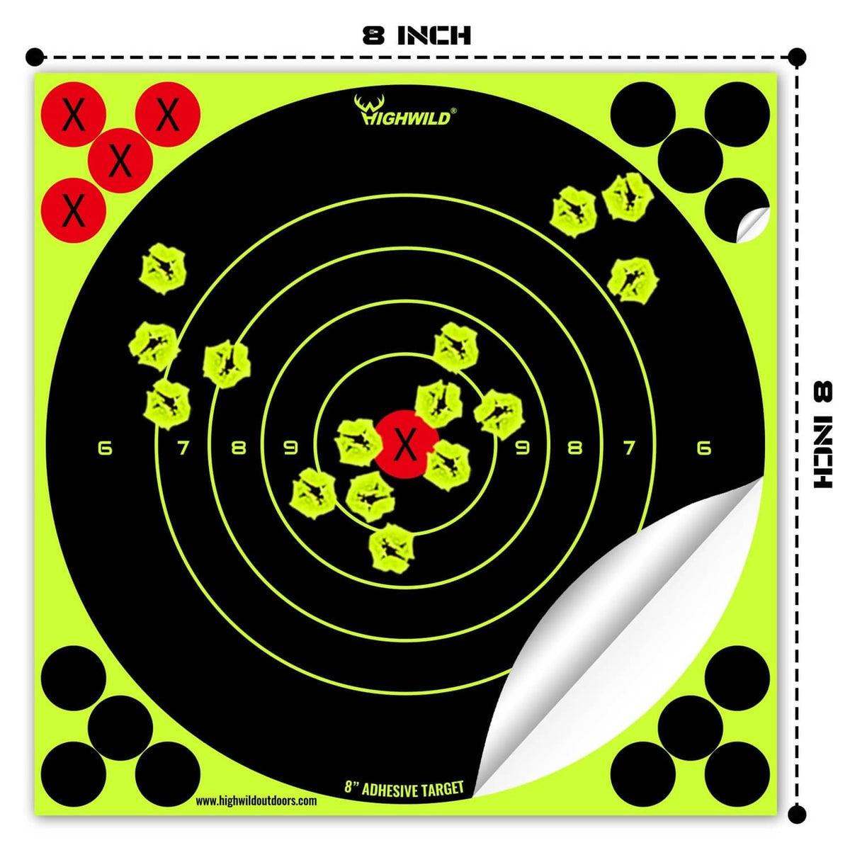 Fluorescent yellow 8 inch adhesive bullseye target with neon rings and side measurements