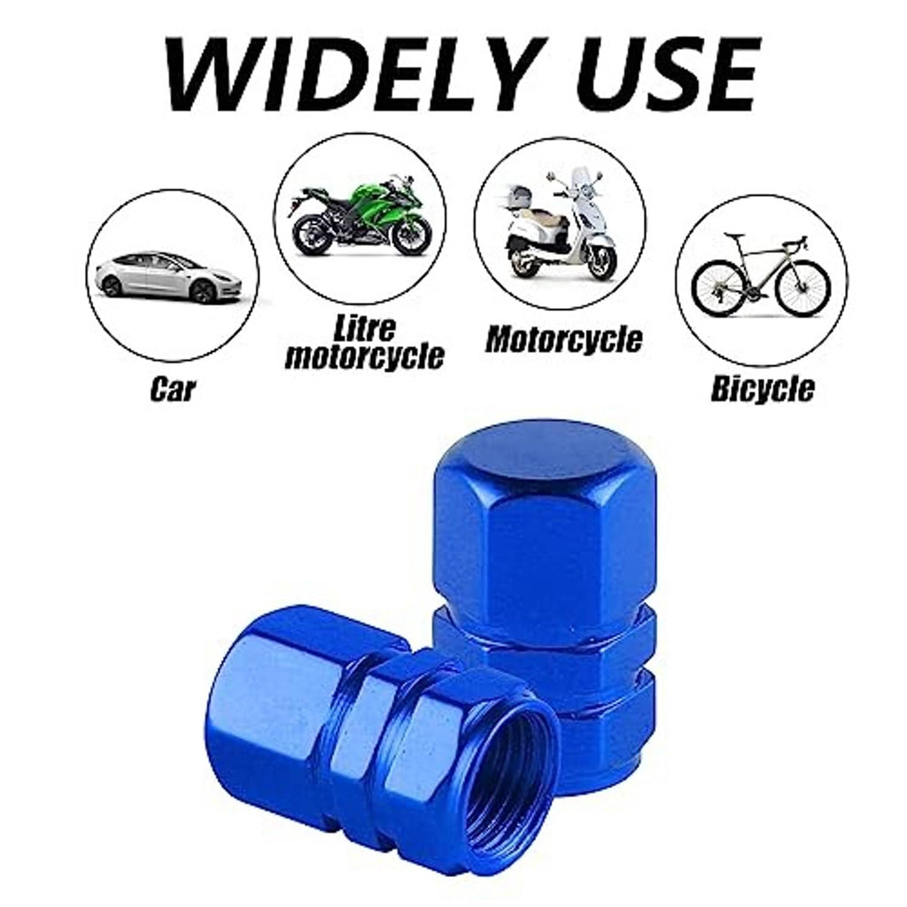 Blue aluminum tire valve stem caps with hex tops and threaded openings, angled view (2-pack).