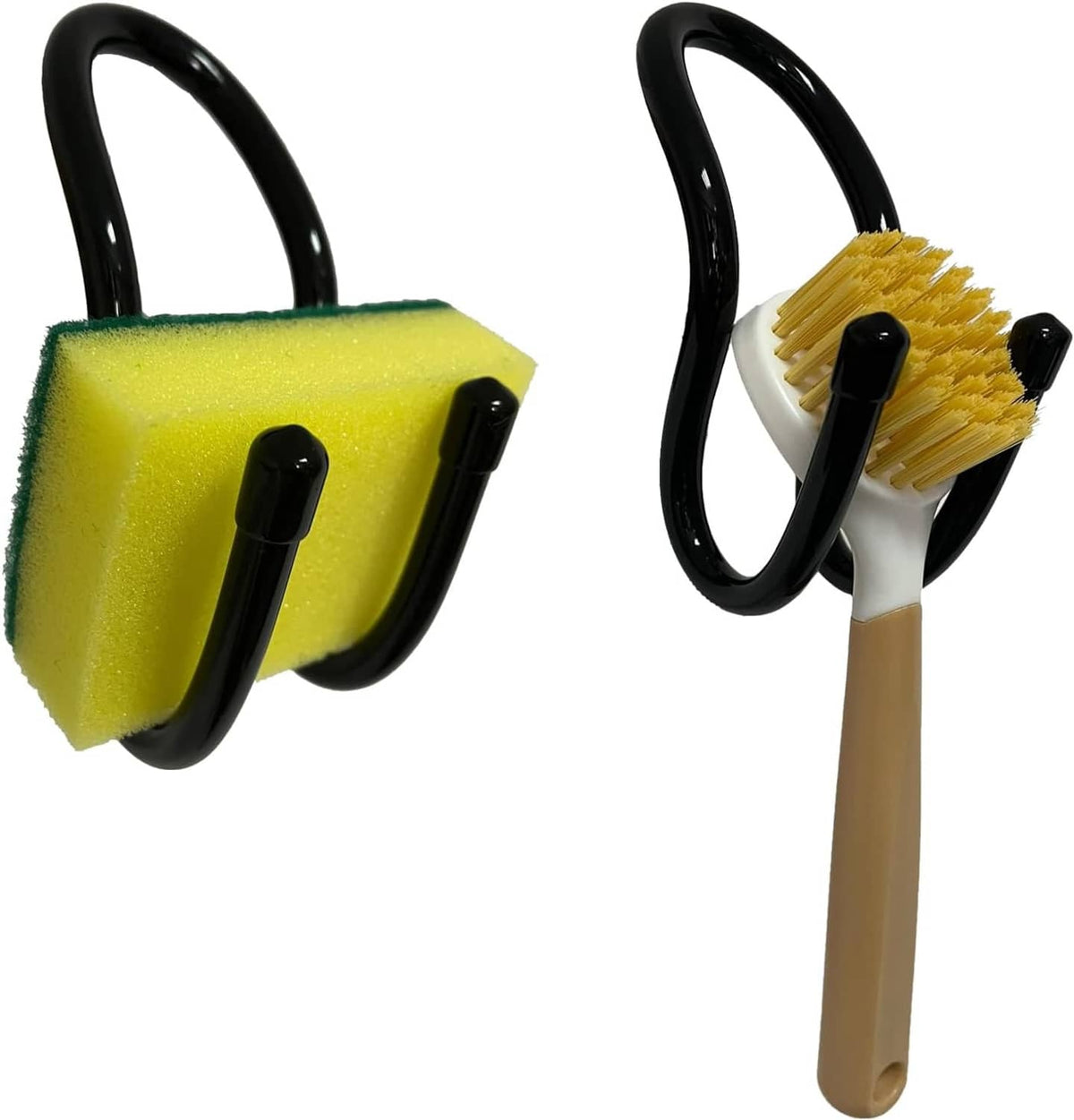 Hanging sink caddies set featuring yellow sponge holder with black hooks, brush holder
